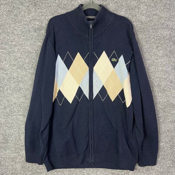 Lacoste Argyle‎ Blue Sweater Knit Full Zip Men's Size 6 - Picture 1 of 12